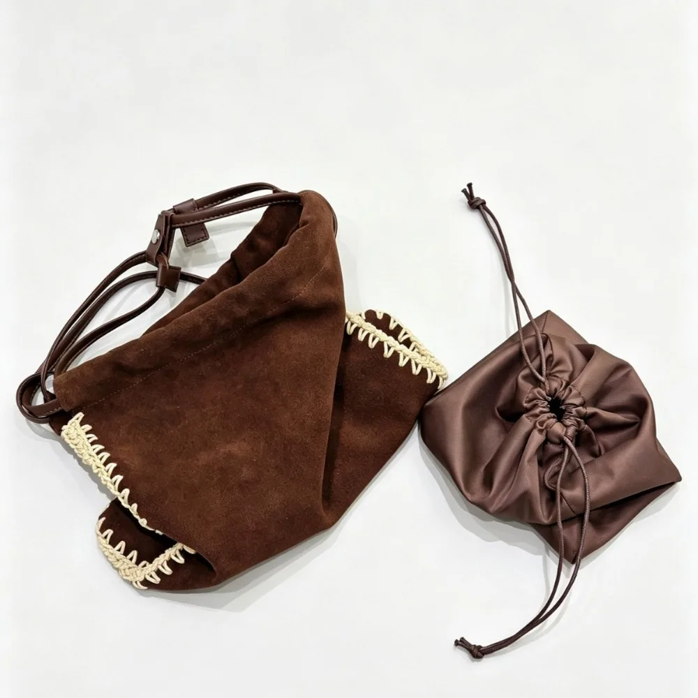 Anti-suede Suede Woven Drawstring Texture Unique Bucket Bag Retro Large Capacity Stylish Simple Shoulder Tote Commuter Armpit