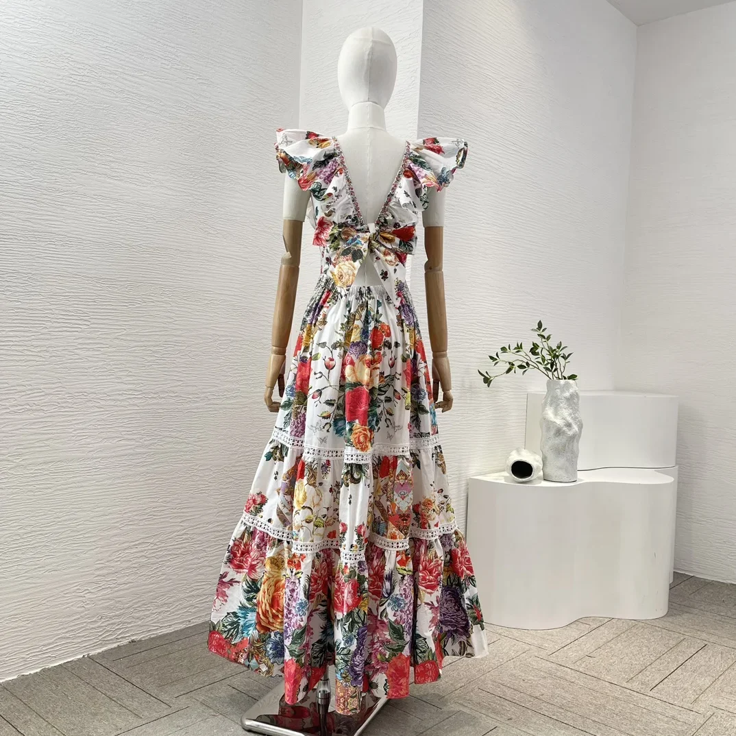 2024 Elegant Summer New White Red Flowers Print Sleeveless Ruffles Backless Hollow Out Diamonds Shirred Waist Women Maxi Dress