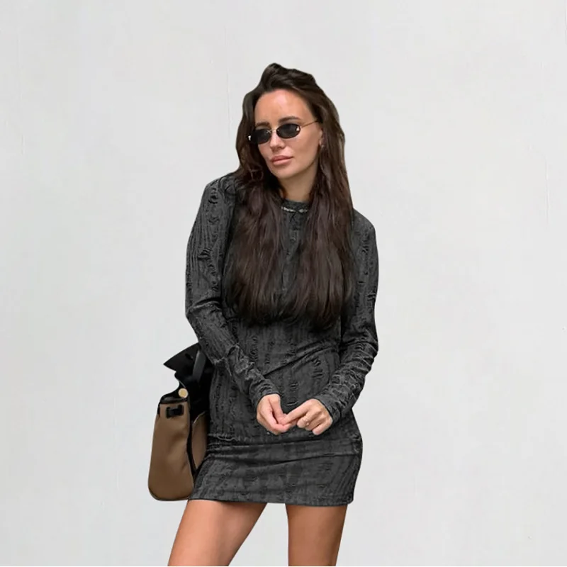 

Autumn Simple Knitted Retro Round Neck Slim Fit Bodycon Dress Versatile Gray Dress Women's Fashion