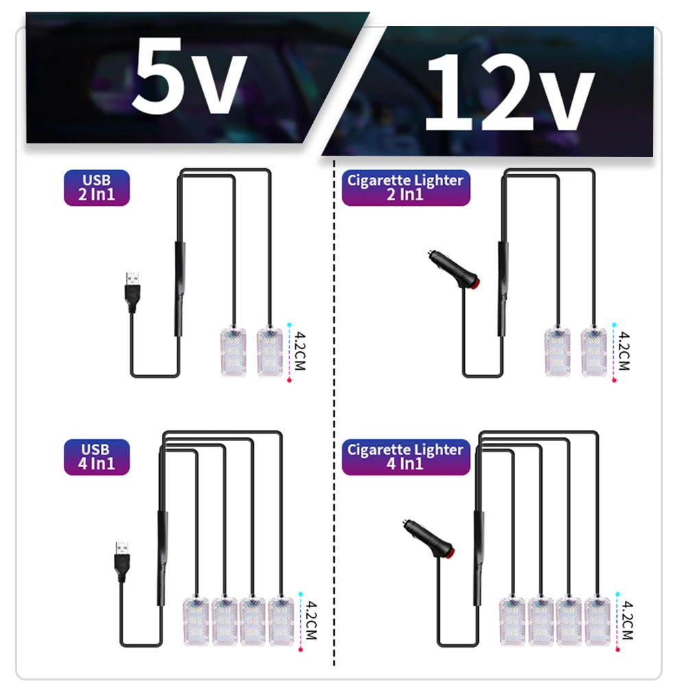 RGB الداخلية المحيطة ضوء لسيارة النيون مصباح لتهيئة الجو قطاع ضوء USB/السجائر القدم ضوء السيارات البيئة مصباح للزينة