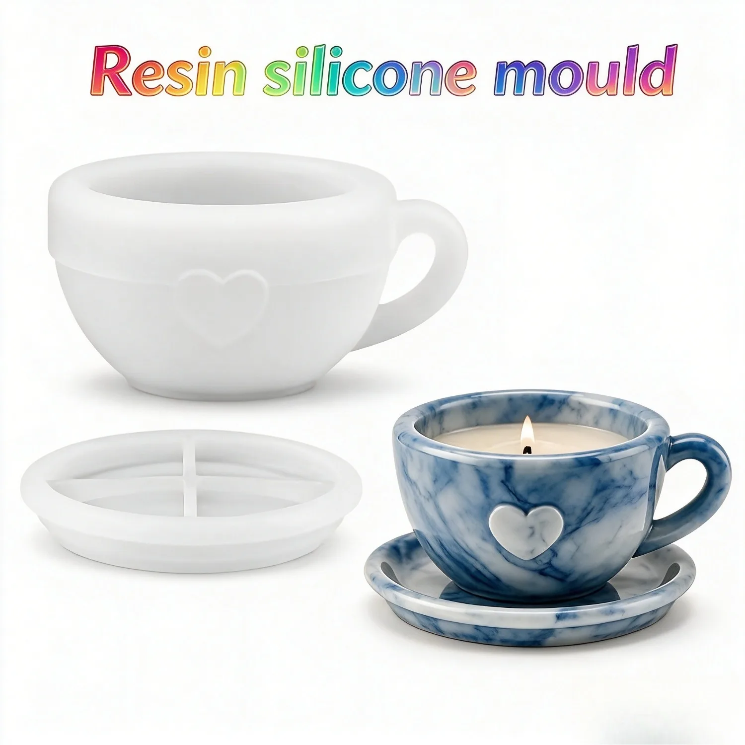 Heart Shaped Coffee Cup Resin Mould Set with Tray, Silicone Molds for Epoxy Resin, Candle Making, Plaster Crafts, Jewelry Storage, Home Decor and Flower Preservation