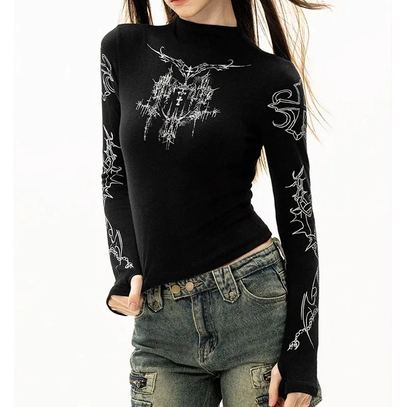 Grunge Women T-Shirt Y2k Aesthetics Half high neck Tees Graphical Print  Long Sleeve Sheer Tops Punk Alternative Crop Tops EMO