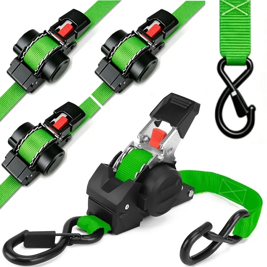 Self Retracting Heavy Duty Ratchet Tie Down Straps 10ft 1800 LBS Breaking Strength Retractable Cargo Straps for Truck Motorcycle