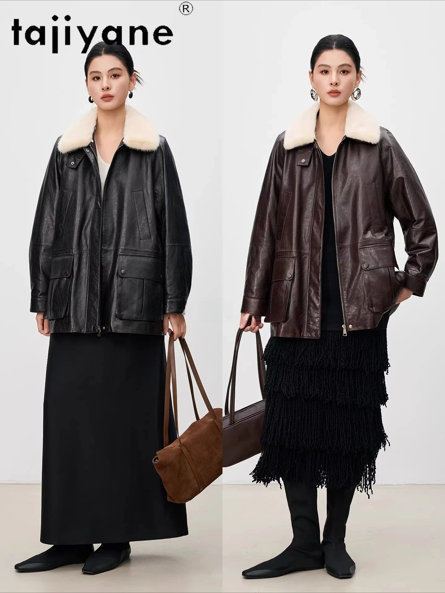 TAJIYANE Płaszcze z najwyższej jakości skóry owczej z puchem gęsim, luksusowy płaszcz z kołnierzem z futra norek, kurtka ze skóry naturalnej, odzież zimowa damska 2025, шуба