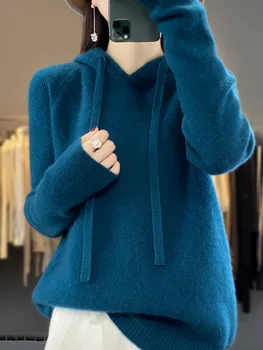 Otoño Invierno jersey con capucha de Cachemira para mujer suéter grueso manga raglán 100% prendas de punto de lana merina cálido Casual Top cómodo