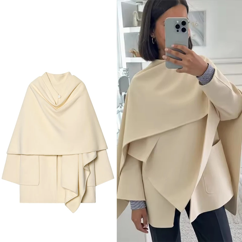 

Women's Beige Shawl Cloak Woolen Coat Loose Long Sleeve Irregular Jacket Autumn Winter Chic Street Lady Outerwear Office 2025