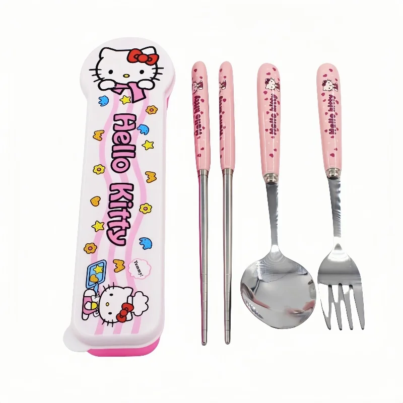 Cartoon Hello kitty kuromi tableware student portable food grade 304 stainless steel tableware spoon, fork and chopsticks set