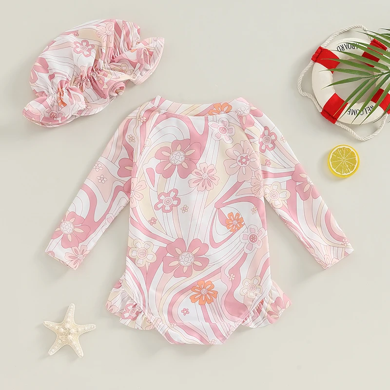 Toddler Infant Baby Girl Swimsuit Long Sleeve Rash Guard  Floral Zipper Bathing Suit Ruffled Beach Wear