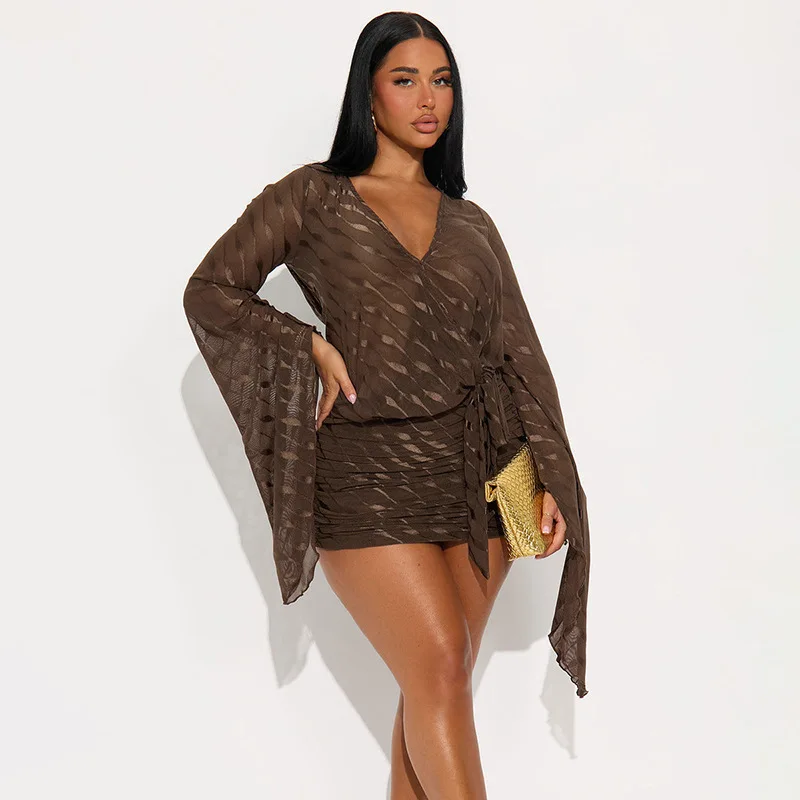 شقيقة ستار فستان موضة مثير موجة نمط الخامس الرقبة متوهج كم طويل عارية الذراعين الورك ملهى ليلي فستان حفلة عيد ميلاد الزي Vestidos