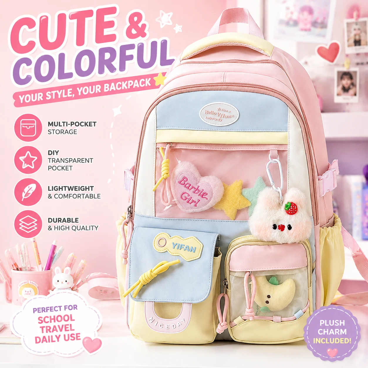 Girls Backpack Cute Kawaii School Bag Multi Pocket Backpack DIY Transparent Front Pocket Casual Backpack for School Travel