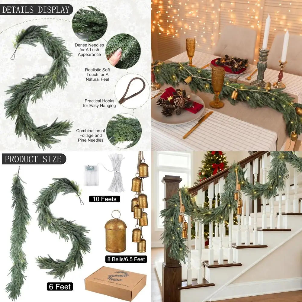

Realistic 6ft Christmas Garland with Lights & Bells, Norfork Cedar Pine, Suitable for Indoor & Outdoor, Green & White