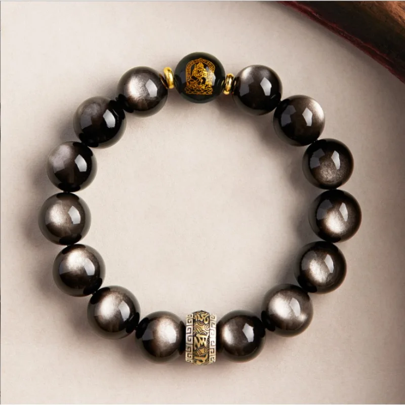 

Natural Silver Obsidian Zodiac Buddha Bracelet for Men Obsidian Fortune Bead Crystal Play Bracelet for Women 2026 Gifts