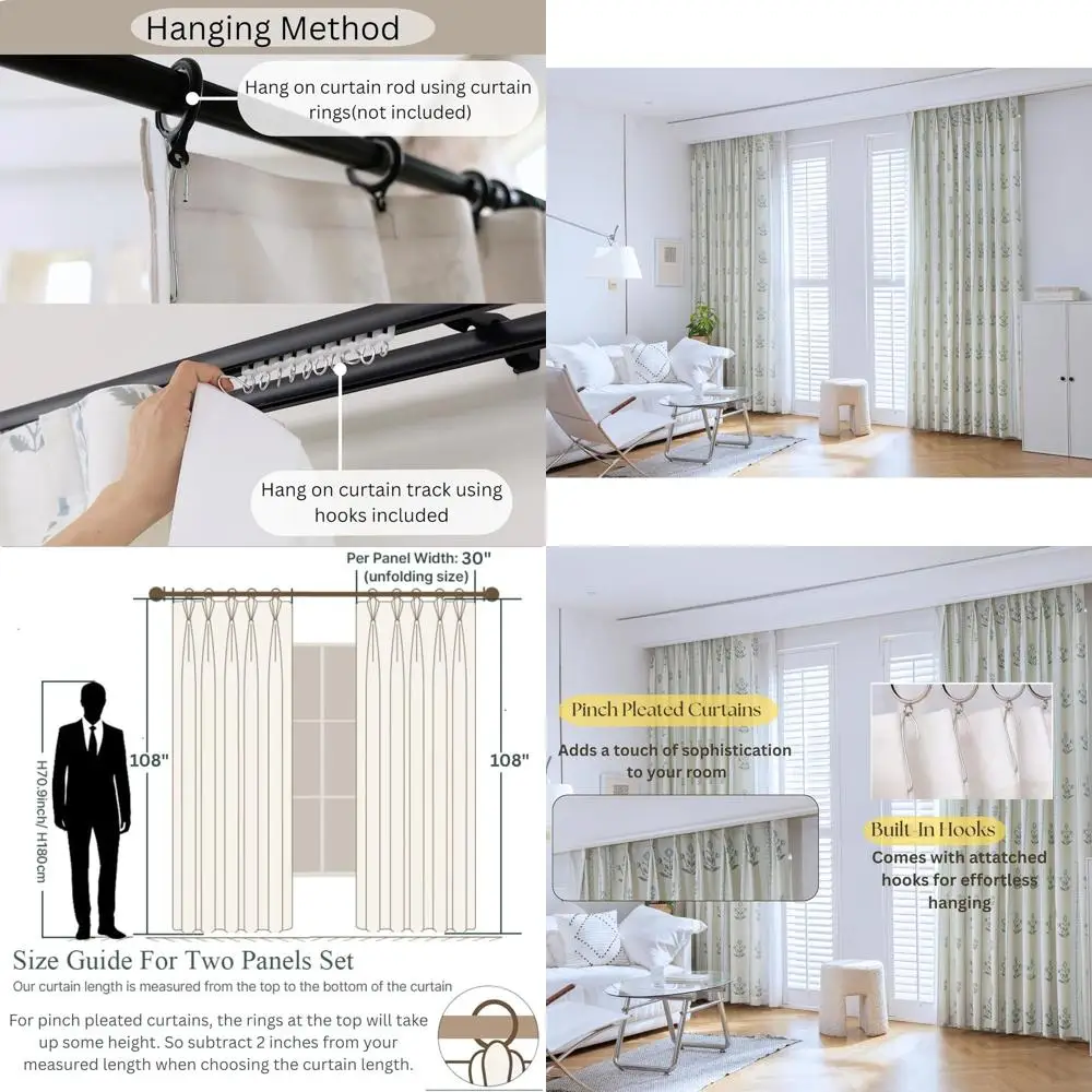 ستائر أنيقة بطيات من مزيج الكتان الزهري - تصفية خفيفة، لوحتين، أبيض عتيق، 30 × 108