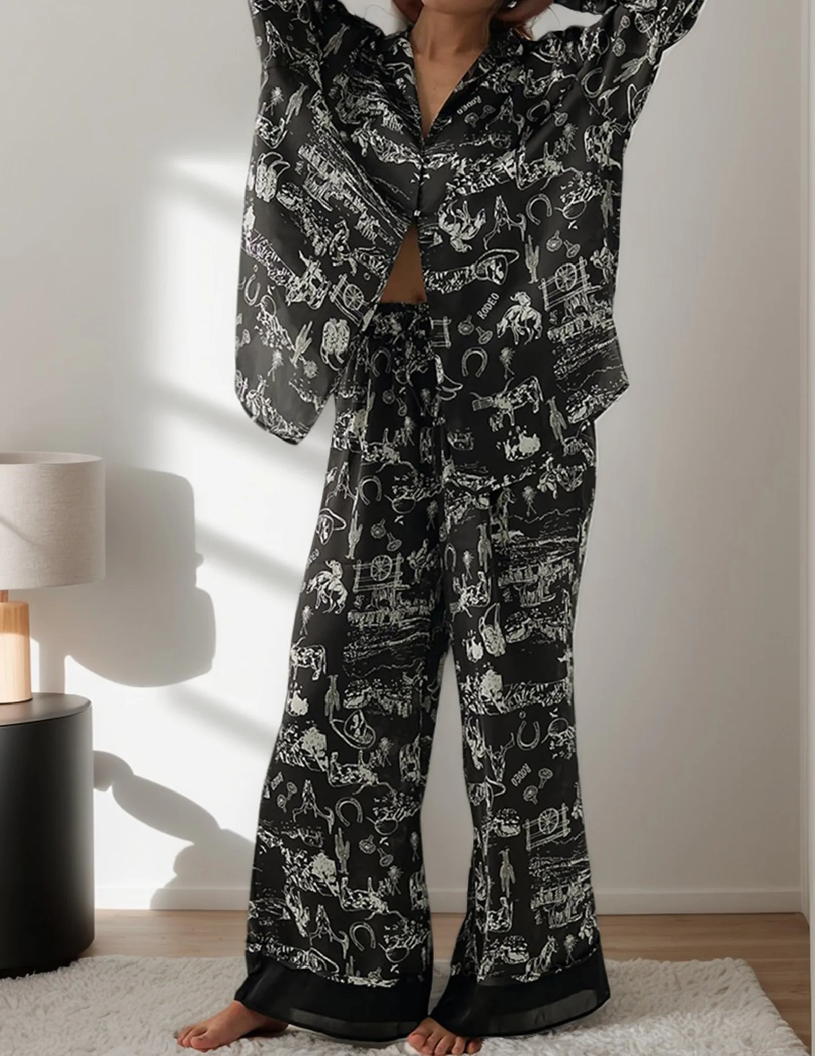 المرأة الساتان بيجامة مجموعة زر أسفل القمصان بنطال ذو قصة أرجل واسعة Pjs الأزهار بيجامة من الحرير 2 قطعة صالة مجموعات ملابس خاصة #4