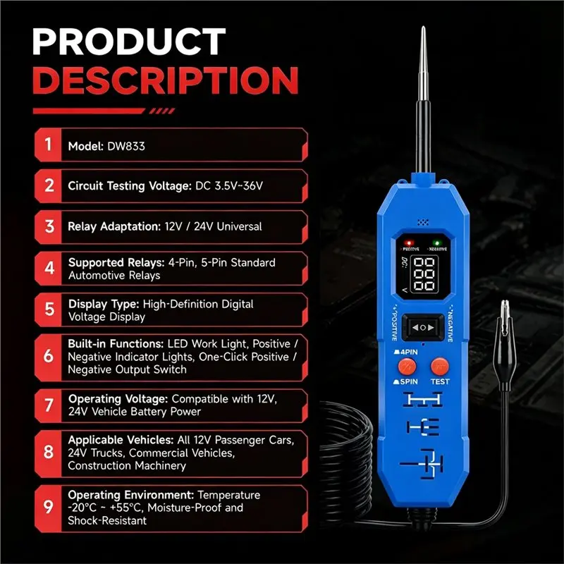 New DW833 2 In 1 LED Display Automotive Relay Circuit Tester 12V/24V Universal Car Electronic Relay Testing Tool view 5