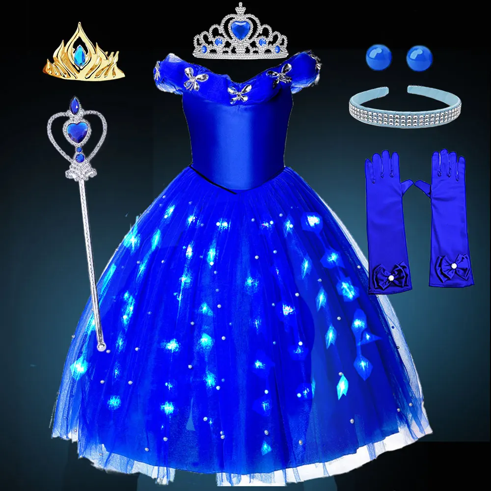 Light up Dark Blue Party Dress for Girl Off Shoulder Tulle Ball Gown Children Cinderella Cosplay Fairy Vestidos Birthday Fantasy