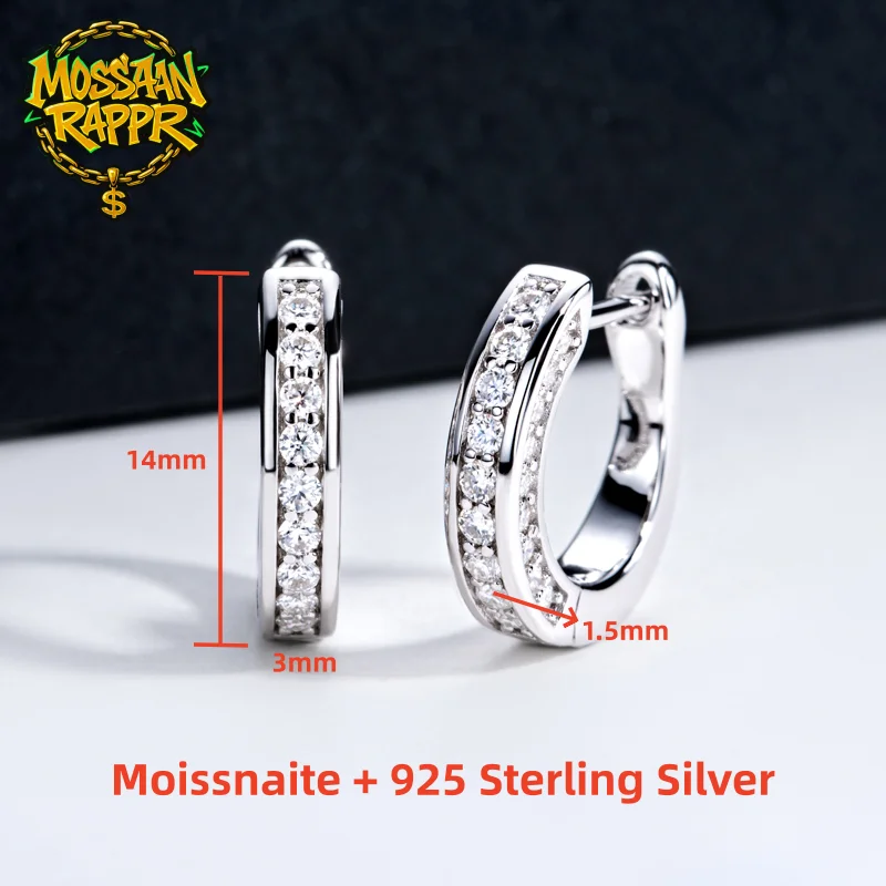 MossanRappr Hip Hop 0.56cttw Moissanite Bling Hoop Huggie Earrings 925 Sterling Silver Luxury Party Jewelry Gifts for Men Women