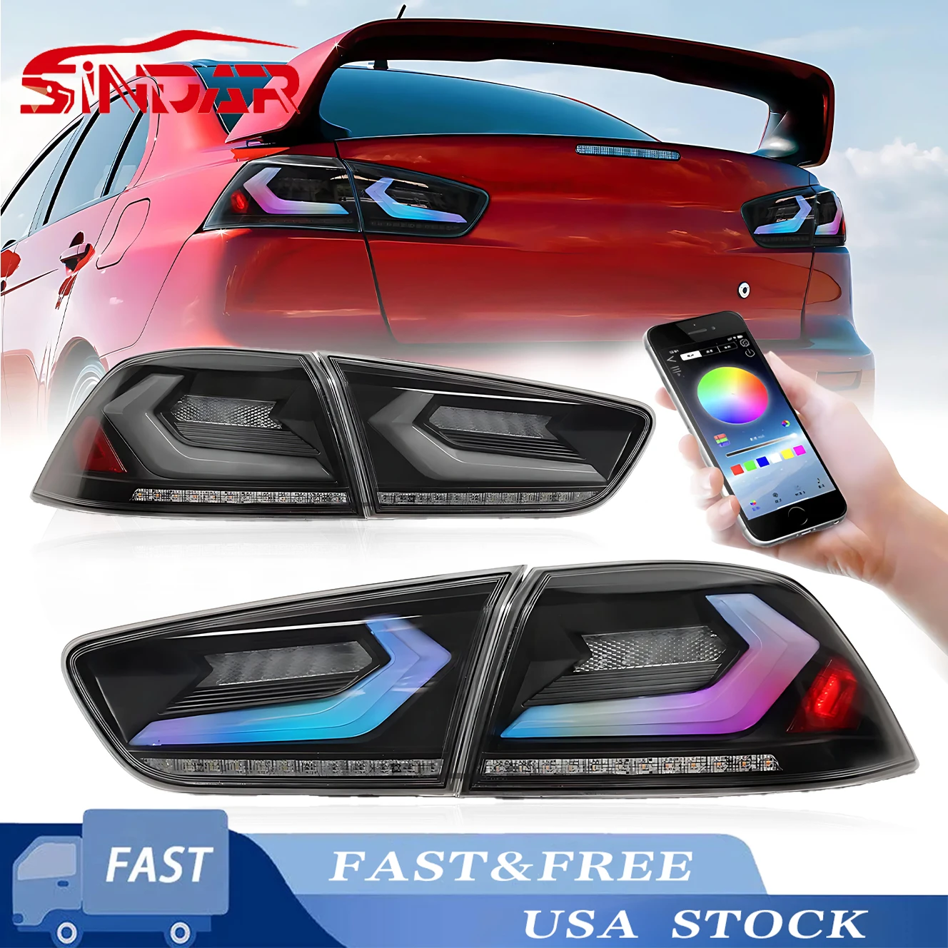 

SINDAR 2Pcs LED RGB Tail Lights Driver/Passeng For Mitsubishi Lancer EVO X 2008-2017 Animation Rear Lamps