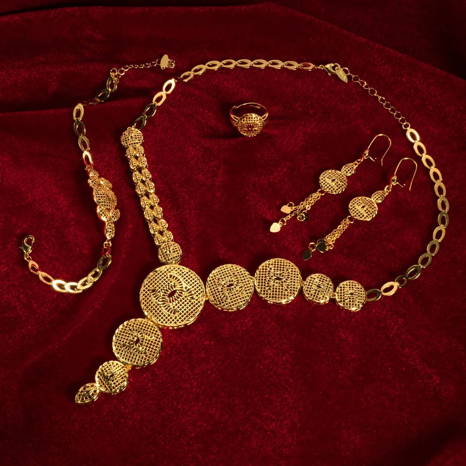 9999 gold women's jewelry set - necklace, earrings, ring, bracelet - set of four pieces, Dongfeng brand