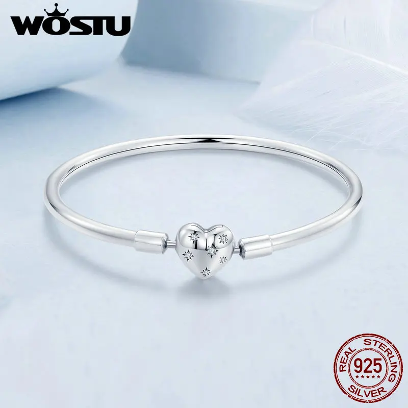 WOSTU Real 925 Sterling Silver AAA Zircon Star Bangle Bracelet Simple Basic Bangles Fit Original Charms Beads DIY Gift for mom