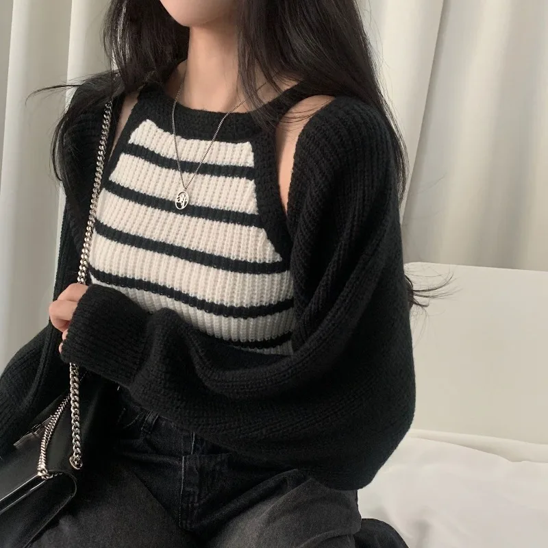 MiiiiX Casual Style Sweater Vest Cardigan Suit Women's 2024 Autumn Slim Striped Knitted Vest Bat-sleeve Cardigan Two-piece Set