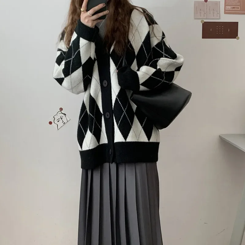 Antumn Knitted Sweater Cardigan Woman Coat Diamond Sweater Jumpers Long Sleeve Top Female Loose Pink Black Argyle Cardigan Women