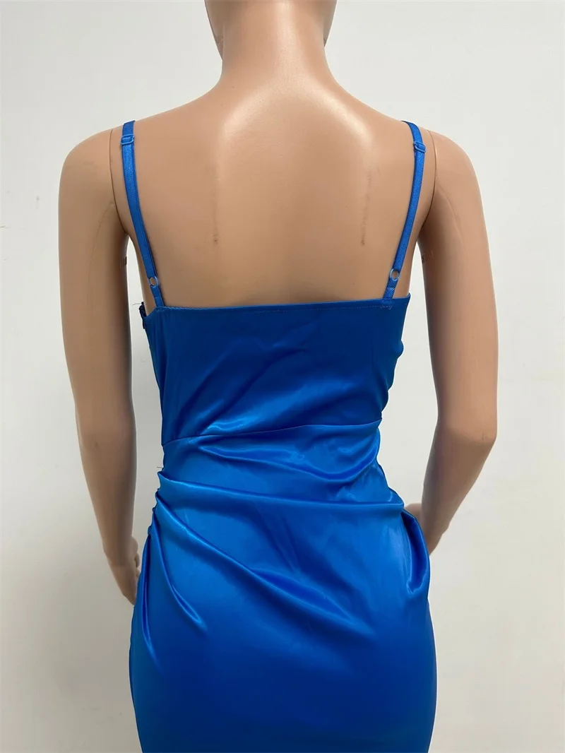 Vestido de noche plisado de satén con tirantes finos para mujer, falda de graduación con abertura alta, cuello en V profundo, vestido de fiesta sin mangas, azul dorado, el más nuevo