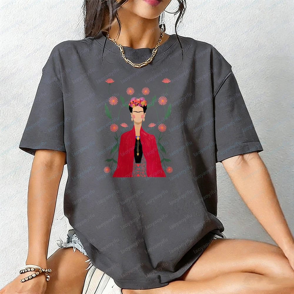 Bohemian Style Frida Kahlo Floral Portrait Artistic Shirt Floral Elements Unisex Cotton T-Shirt Fashion Casual Summer Cotton Tee