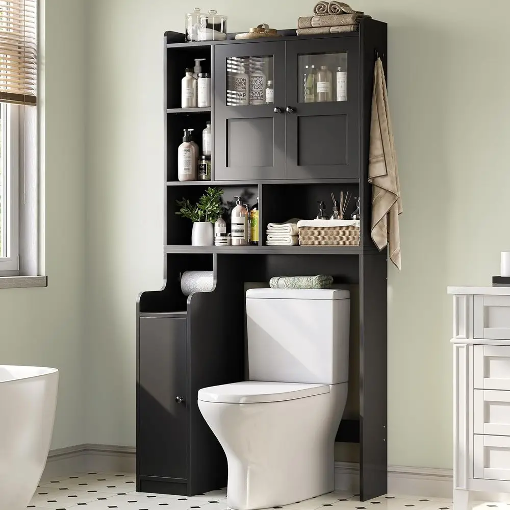 Over The Toilet Storage Cabinet, Over Toilet Bathroom Organizer with Glass Do& Toilet Paper Holder Stand, Home Space-Saving Toil