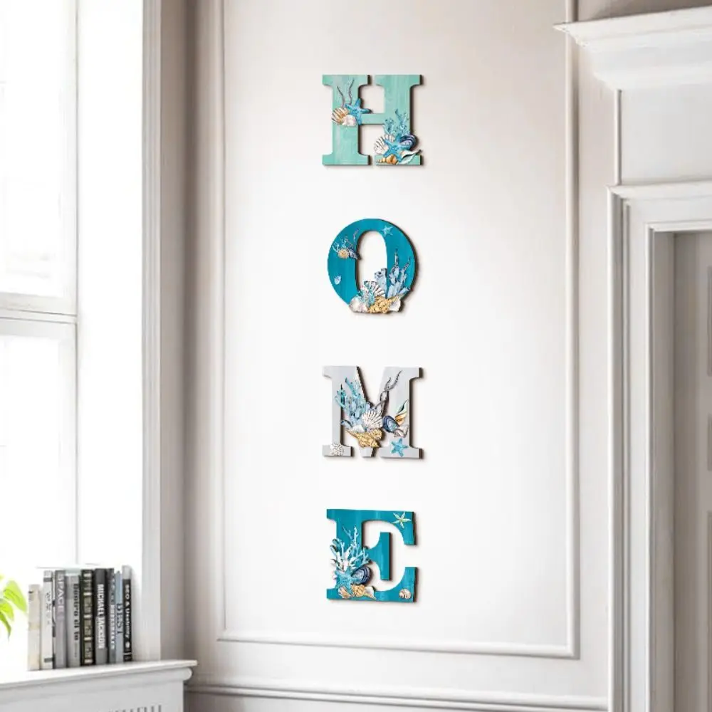 

4pcs Beach Theme Ocean HOME Sign Pendant Handmade Unique Wooden Welcome Pendant Nautical Style Wall Hanging Ornaments Home Decor