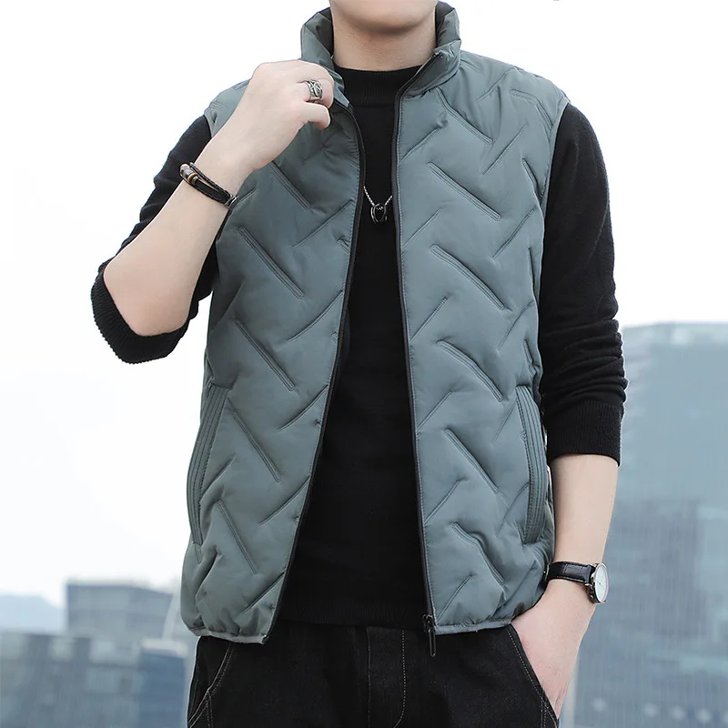 

Korean Style Autumn Mens Warm Vest Jacket Slim Fit Pure Color Stand Collar Zipper Closure Leisure Fashion Side Pocket
