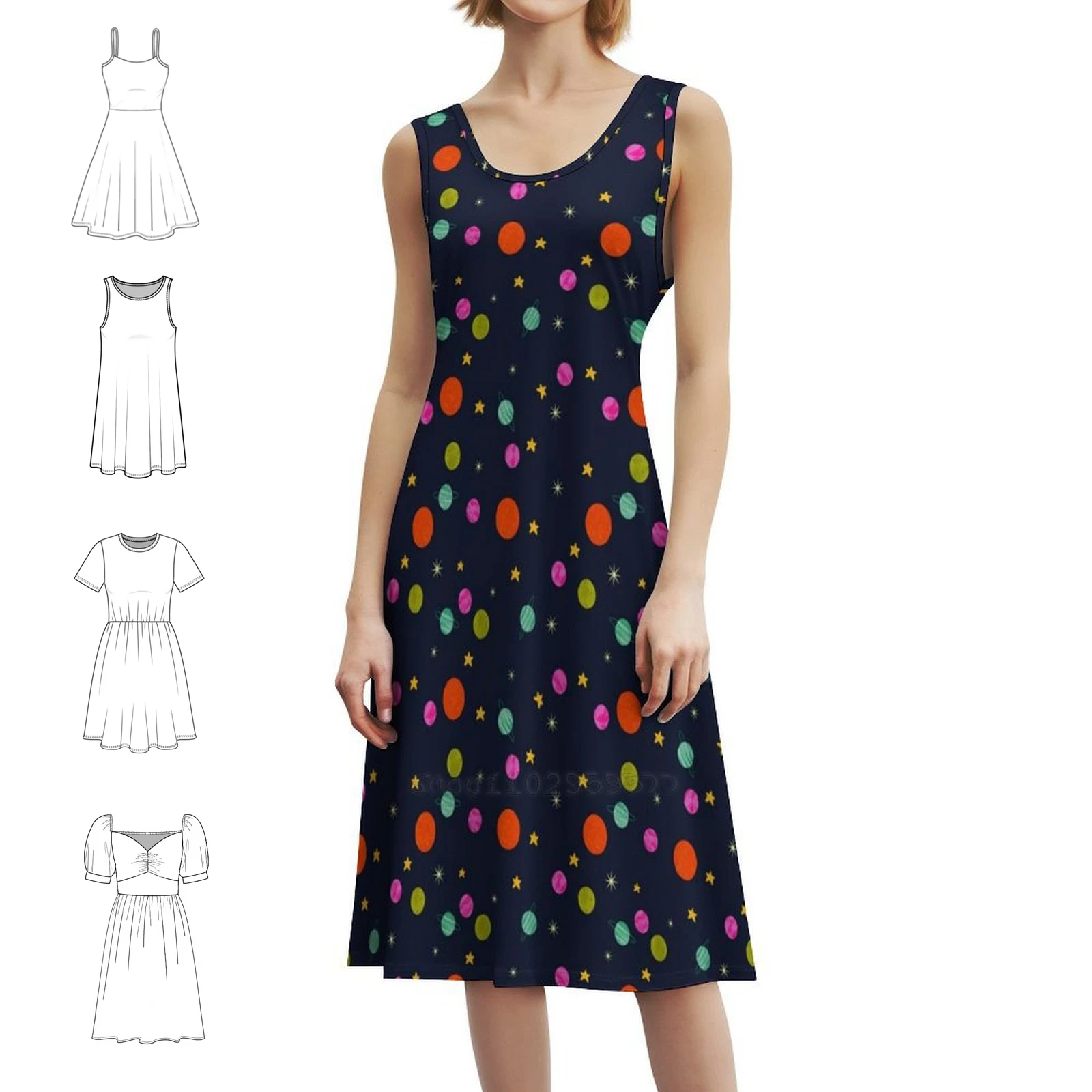 Hand-Drawn Planet Pattern Bohemian Sleeveless Dress Multi-Print Beach Vacation Party Dress Planets Patterns Universe Stars