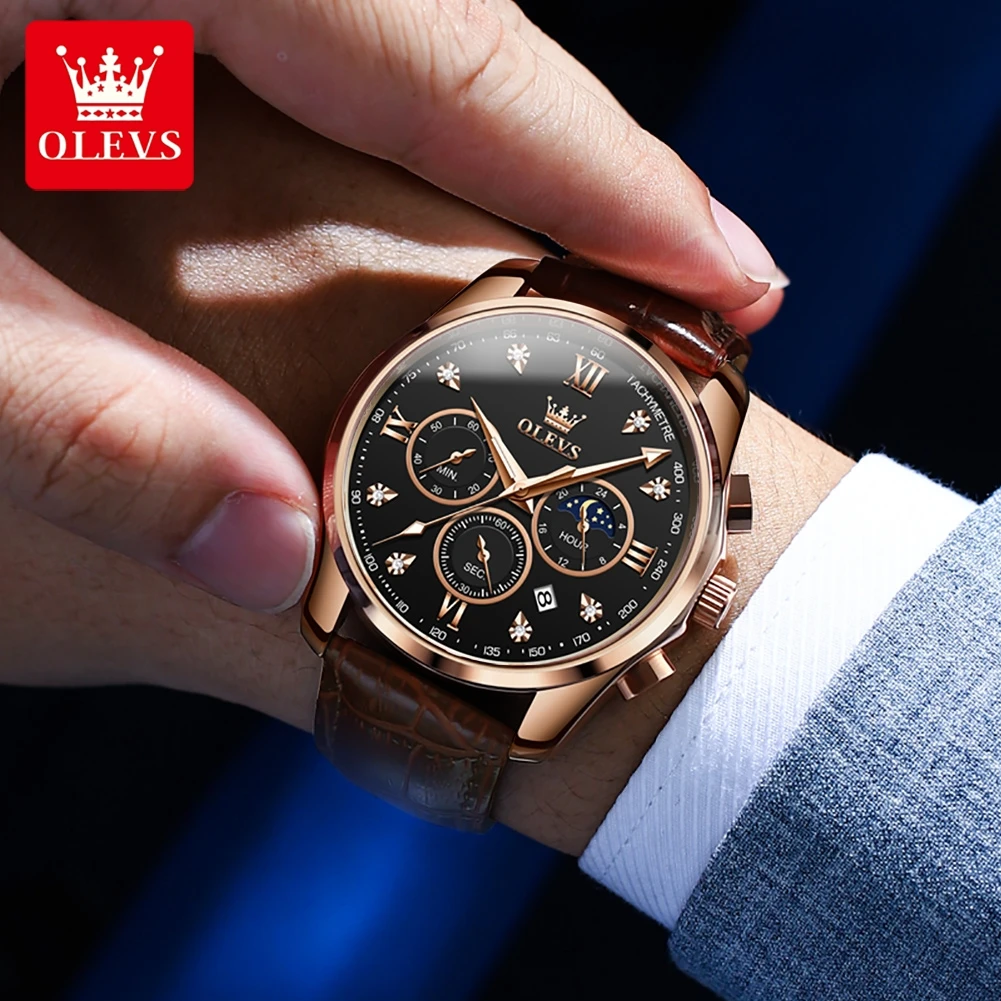OLEVS 2888 쿼츠 스포츠 시계, 라운드 다이얼 정품 가죽 시계 밴드, 손목시계, 크로노그래프 달력, 빛나는 선물