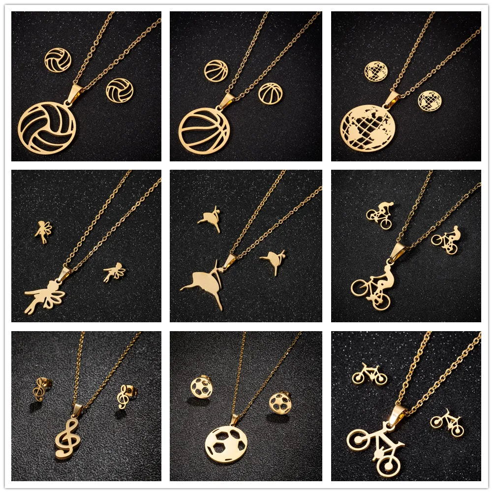 Mode Sport Volleyball Luxus Edelstahl Schmuck Set Für Frauen Gold Farbe Hochzeit Ästhetischen Ohrring Halskette Party Geschenke