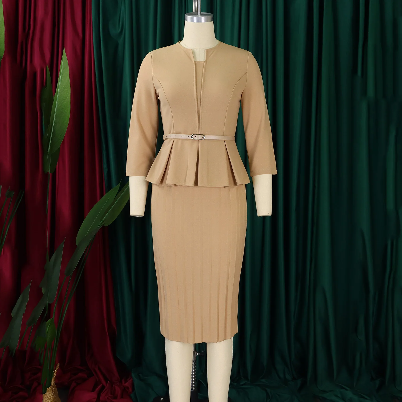 Elegant Office Dress for Women Professional 2024 New V Neck Three Quarter Sleeve Belt Waisted Mid Calf Formal Business Work Robe