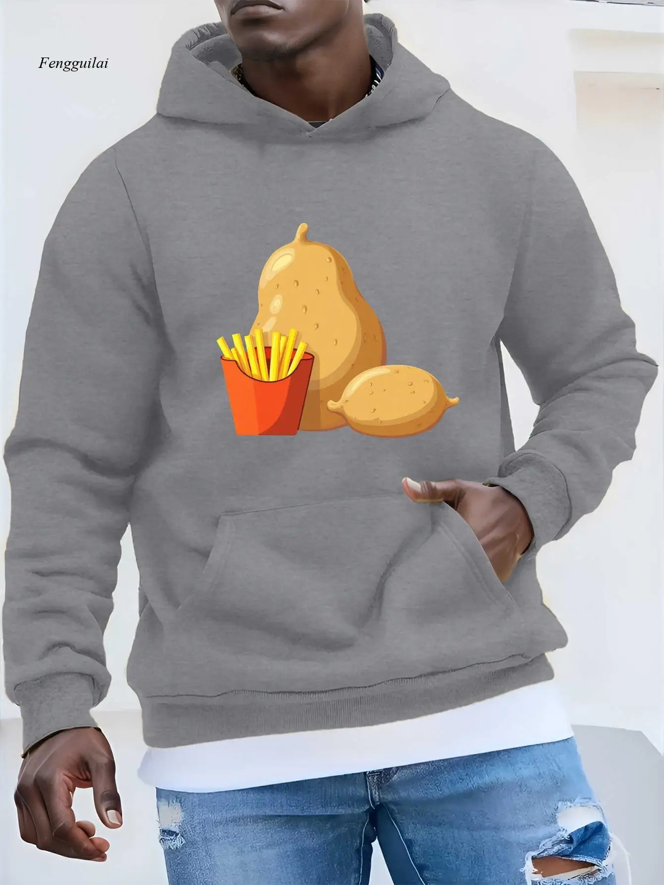 フライドポテト＆フライ愛好家グラフィックフード付きスウェットシャツ - ポテト＆フライプリントのルーズフィットカジュアルプルオーバー