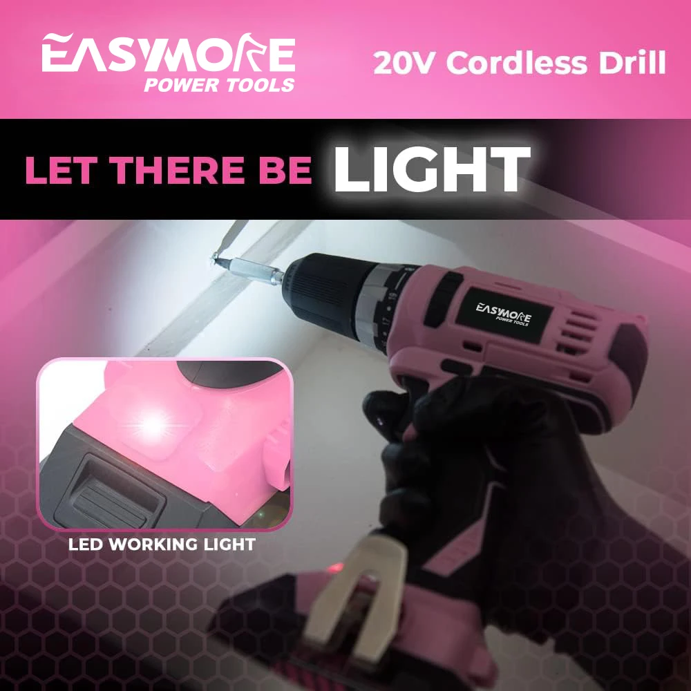 wireless power hand pink drill 20v cordless lithium electric drill set with battery and charger