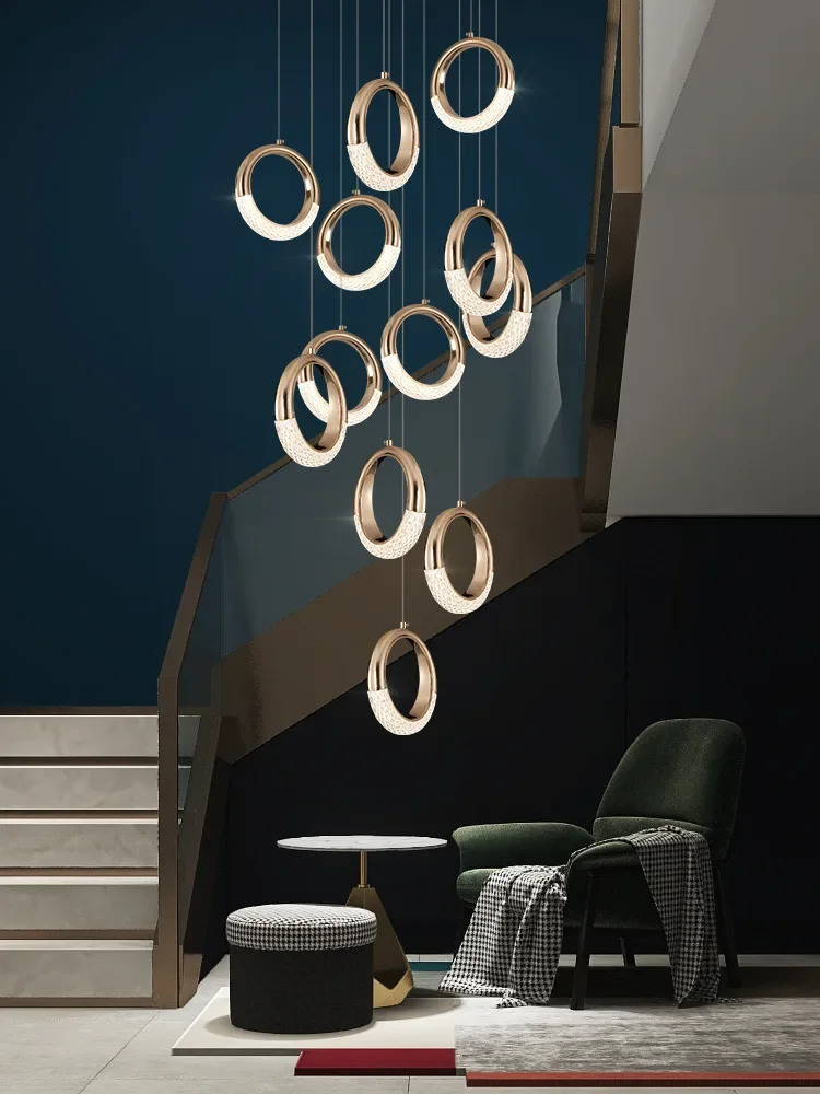 Modern Simple Gold Circle Ring Led Stair Chandelier Acrylic Duplex Building Villa Pendant Light Living Room Lamp Lustre Fixtures
