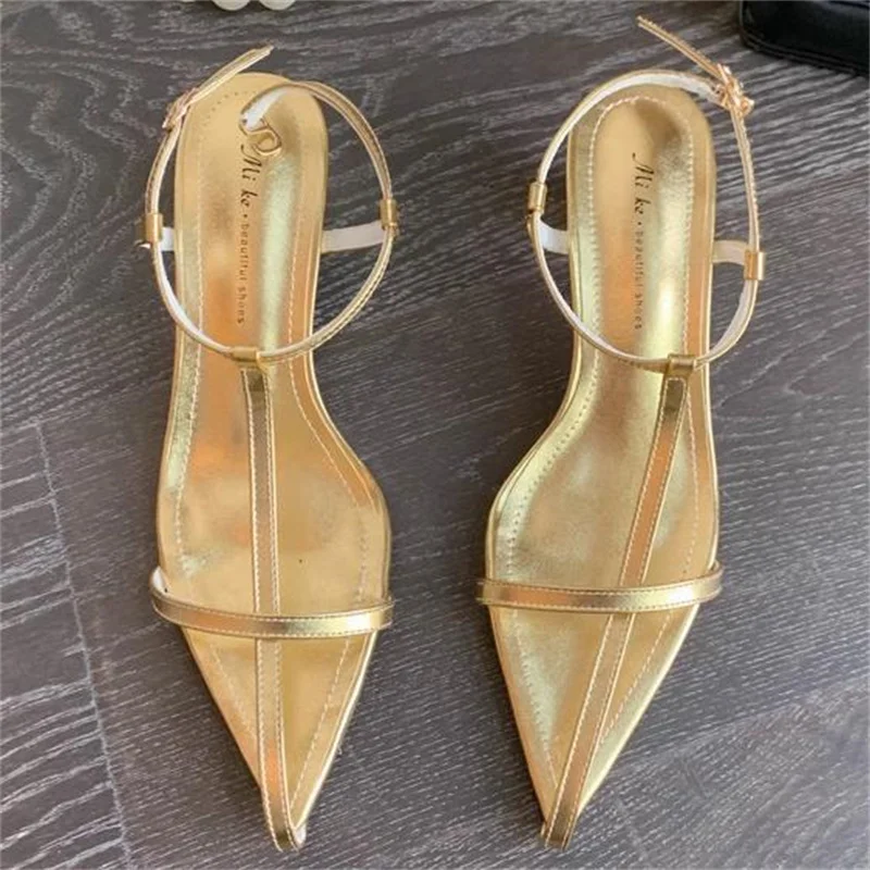 Crossover Strap Shoes for Lady Pointed Toes Women Mid Heels Sewing Lines Female Sandals PU Leather Tacones Buckle Chassure Femme