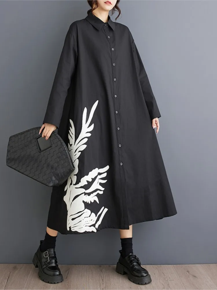 Oversized primavera outono manga longa camisa vestido feminino floral impressão moda senhoras vestidos casuais solto vestido de mulher
