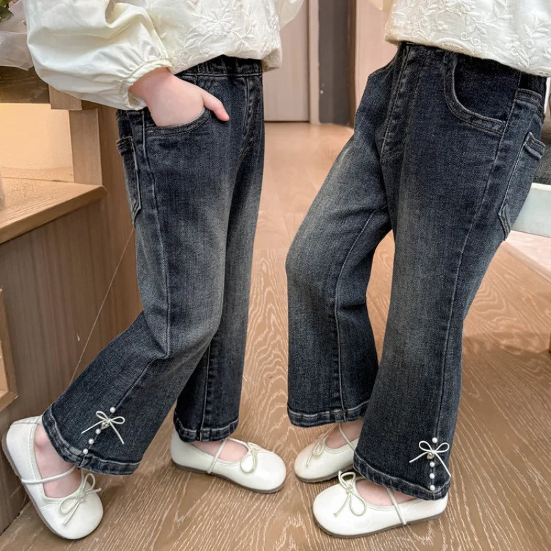 Girls' Autumn Pants 2025 New Women's Treasure Love Pocket Flared Pants Children Korean  Super Soft Jeans