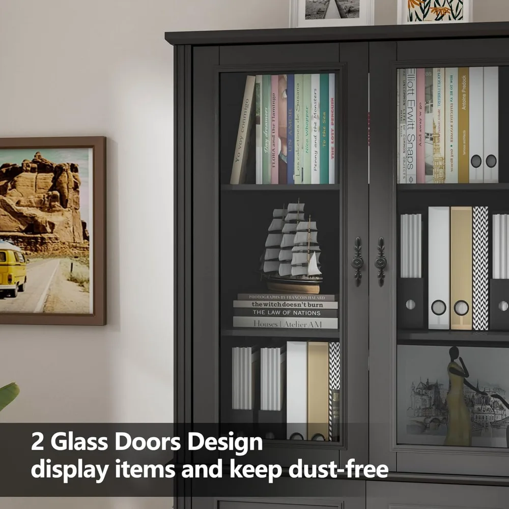 خزانة كتب بطول 71 بوصة، رف كتب للمزرعة مع أدراج وباب زجاجي أكريليك، خزانة تخزين خشبية كبيرة الحجم للدراسة المنزلية