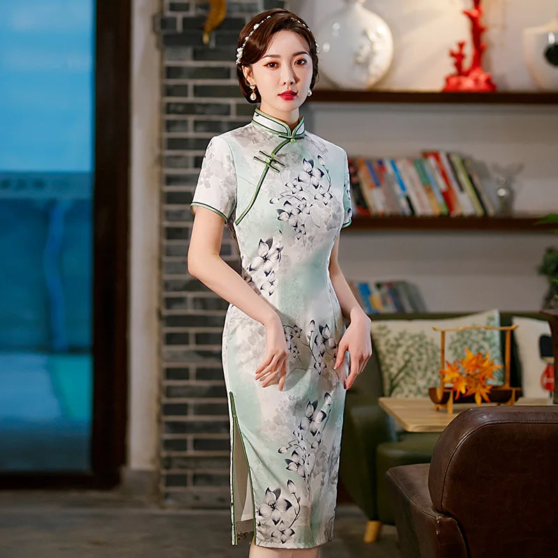 

2022 Summer Improved Qipao Short Sleeve Cheongsam With Vintage Buttons Slim Formal Party Dreess Daily Short Chinese Style Dress