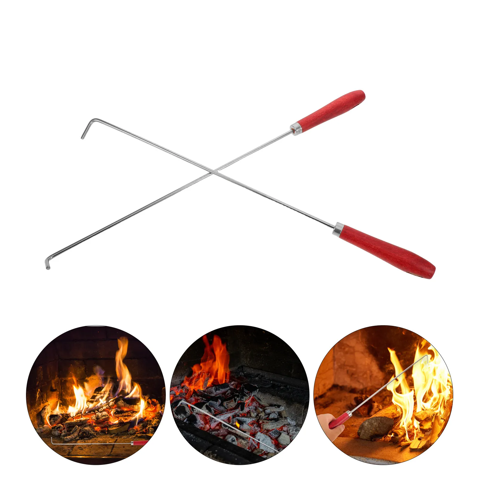 2Pcs Heavy Duty Stainless Steel Fireplace Poker Stick 50Cm with Coal Hook Ergonomic Wood Handle for Fire Pit Stove Campfire