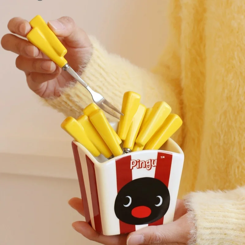 

Cmyd Studio Pingu French Fries Shape Fruit Forks 304 Stainless Steel Creative Dessert Fork For Home Daily Tableware Gift Set