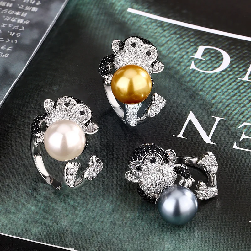 

latest design Autumn Winter New Pearl Ring Cute Monkey Natural Australian White Pearl South Sea Pearl Women's Ring