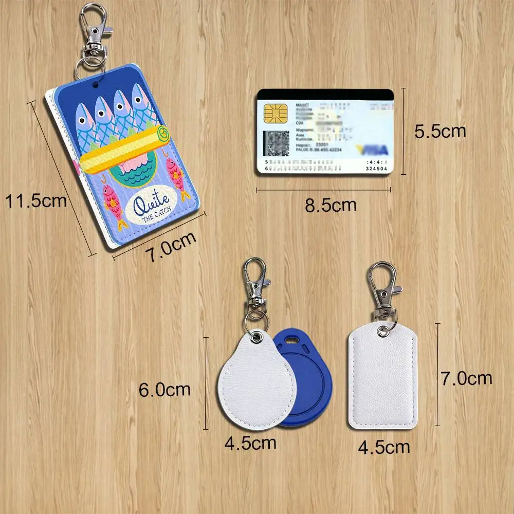 Sardine Art Rectangle Card Case Keychain Access Card Bag Key Tag Ring Leather Card Holder Key Ring Access