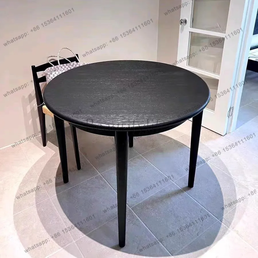yj9 Mid-Century Round Dining Table, Solid Wood Black Small Apartment, Wabi-sabi Style Ash Wood Home Simple