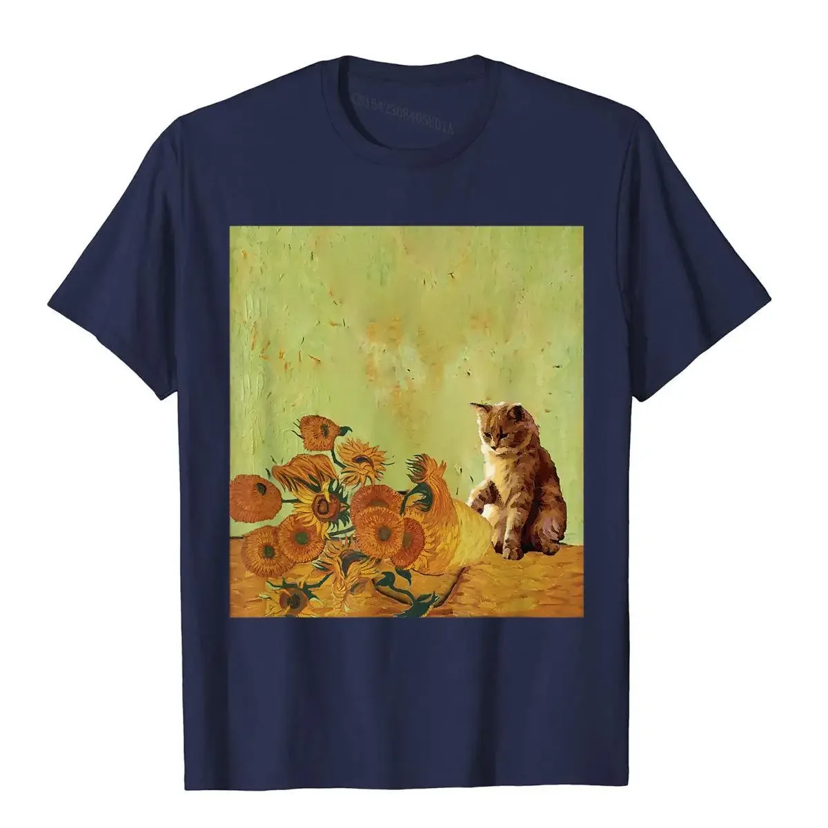 Sunflowers By Vincent Van Gogh And Funny Cat Art Meme T-Shirt Japan Style T Shirt For Men Cotton T Shirt Fitness High Quality