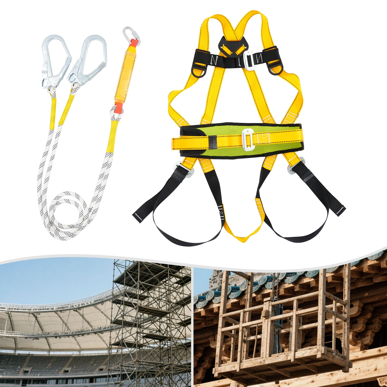Imbracatura di sicurezza per tutto il corpo a 5 punti con doppi ganci da 2 m e supporto per la vita (giallo, resistenza 4850 libbre)